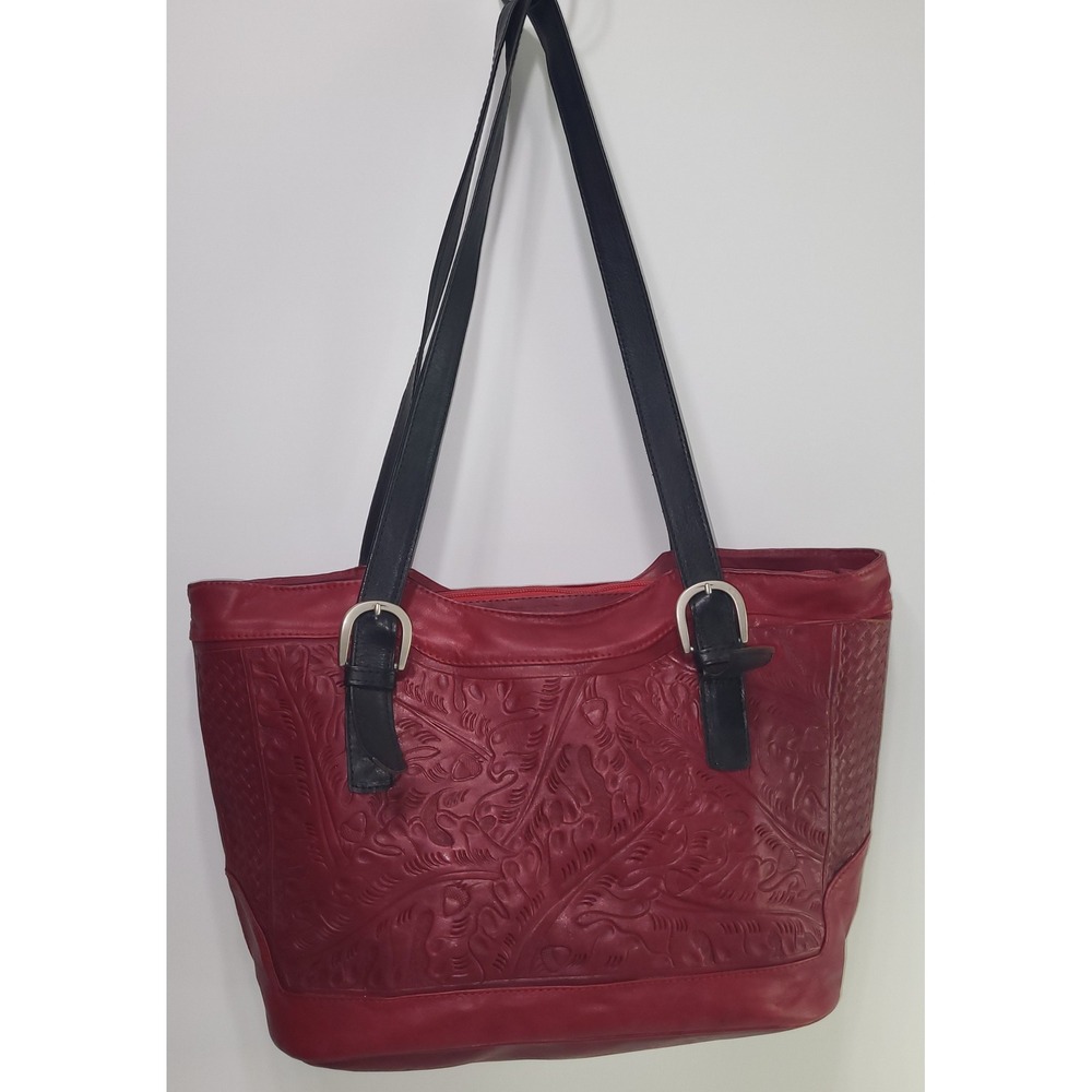 Leaders in Leather Tote Bag Red Hand Tooled Floral Woven Leather Shoulder Bag